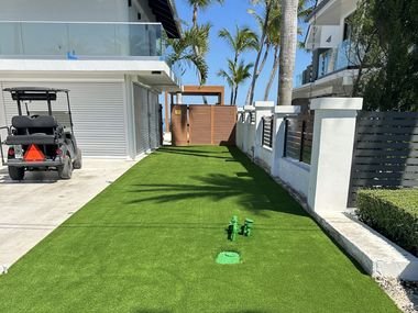 Franja de grama artificial junto a la entrada de coches de una casa moderna, con un carrito de golf y palmeras al fondo.