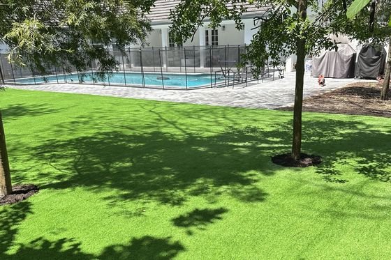Patio amplio con grama artificial y un árbol en su alcorque, con la piscina vallada y la casa al fondo.