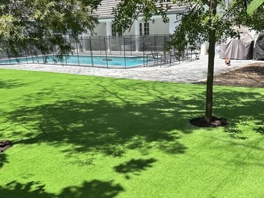 Patio amplio con grama artificial y un árbol en su alcorque, con la piscina vallada y la casa al fondo.