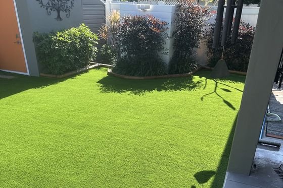Patio con grama artificial, una caseta de jardín gris y arriates curvos con arbustos.